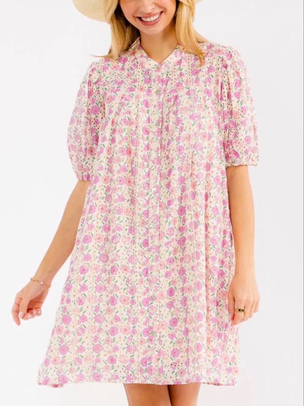 Lovelo Floral Pink and White Puff Sleeve Eyelet Dress